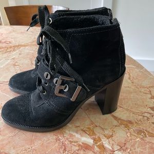 Italian suede leather lace up booties with buckle